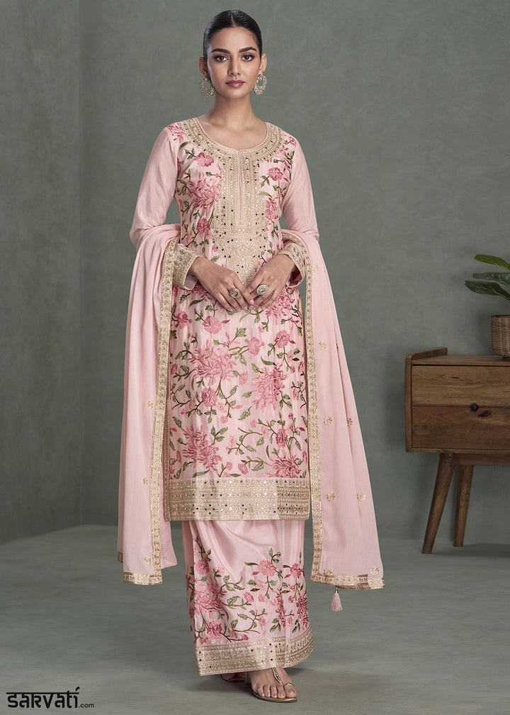 Lemonade Pink Chinon Silk Palazzo Suit with Delicate Floral Work