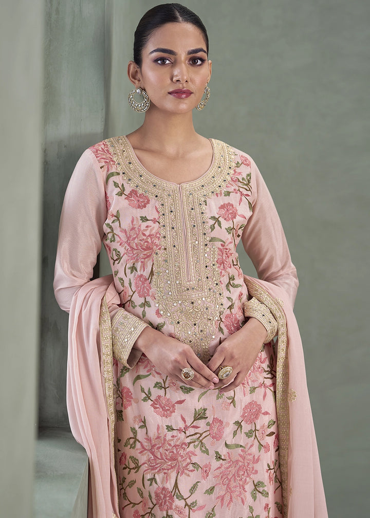 Lemonade Pink Chinon Silk Palazzo Suit with Delicate Floral Work