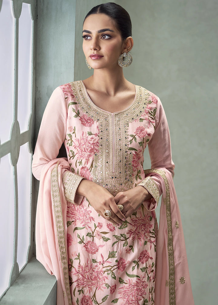 Lemonade Pink Chinon Silk Palazzo Suit with Delicate Floral Work