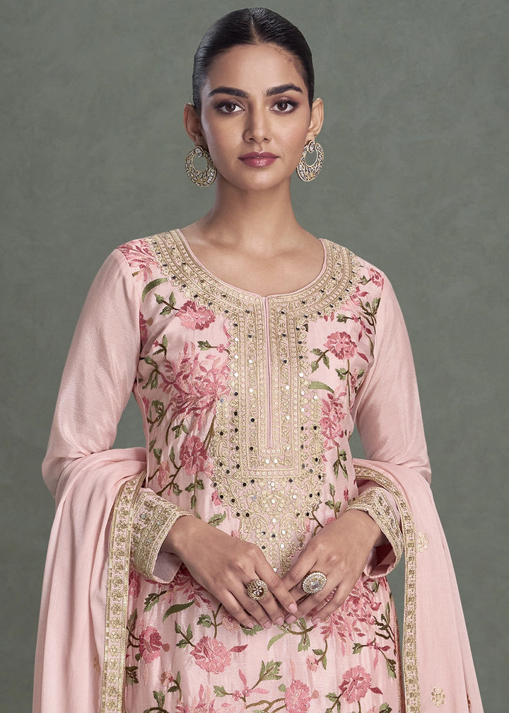 Lemonade Pink Chinon Silk Palazzo Suit with Delicate Floral Work