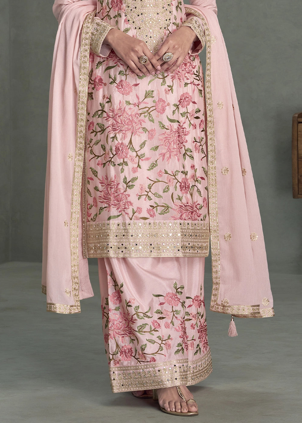 Lemonade Pink Chinon Silk Palazzo Suit with Delicate Floral Work