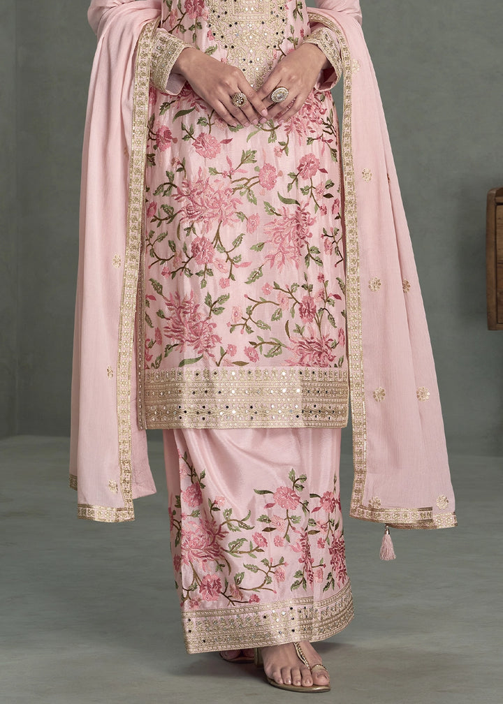 Lemonade Pink Chinon Silk Palazzo Suit with Delicate Floral Work