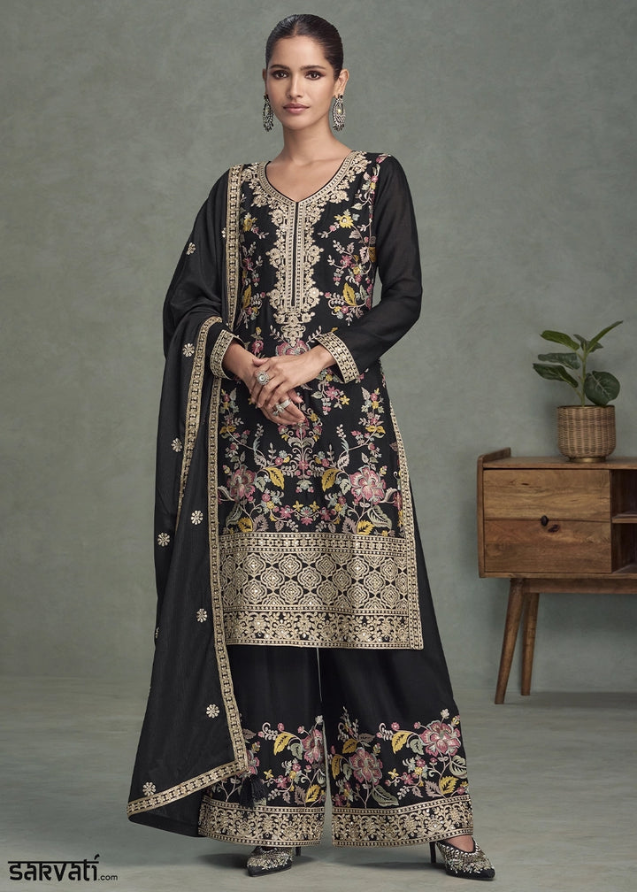 Pebble Black Chinon Silk Palazzo Suit with Delicate Floral Work
