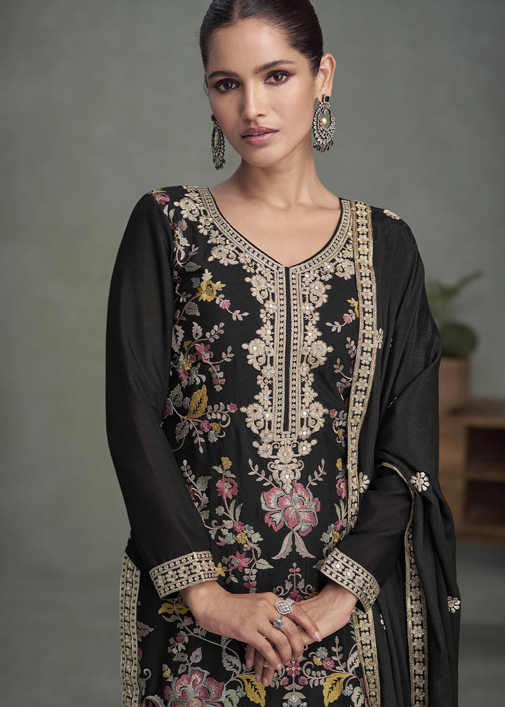 Pebble Black Chinon Silk Palazzo Suit with Delicate Floral Work