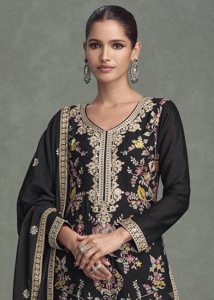Pebble Black Chinon Silk Palazzo Suit with Delicate Floral Work