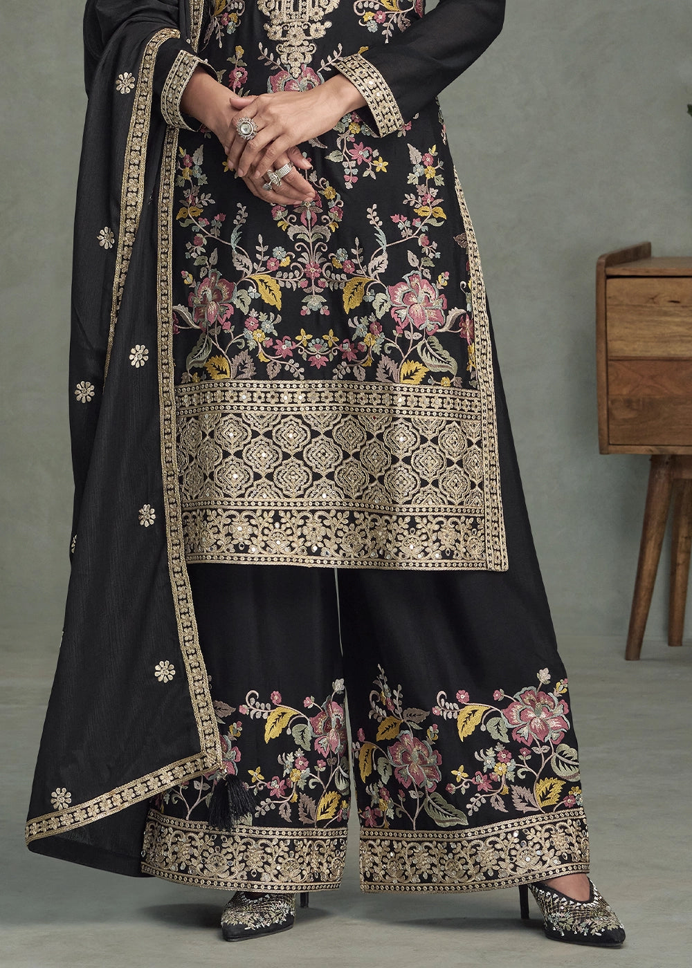 Pebble Black Chinon Silk Palazzo Suit with Delicate Floral Work