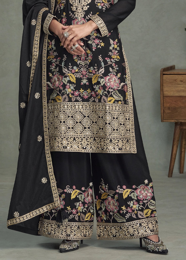 Pebble Black Chinon Silk Palazzo Suit with Delicate Floral Work