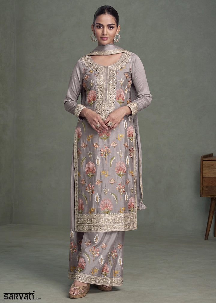Coin Grey Chinon Silk Palazzo Suit with Delicate Floral Work