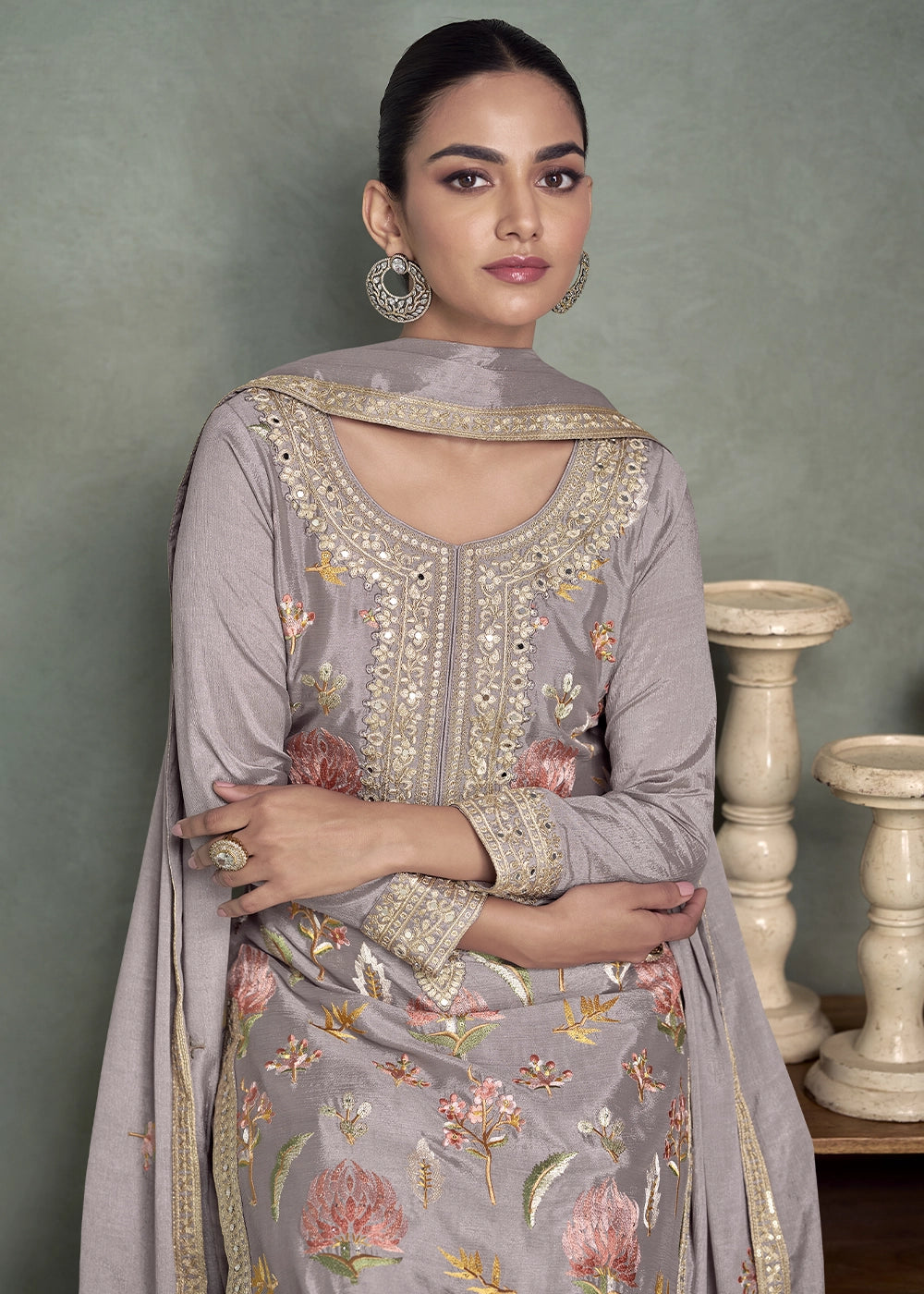 Coin Grey Chinon Silk Palazzo Suit with Delicate Floral Work