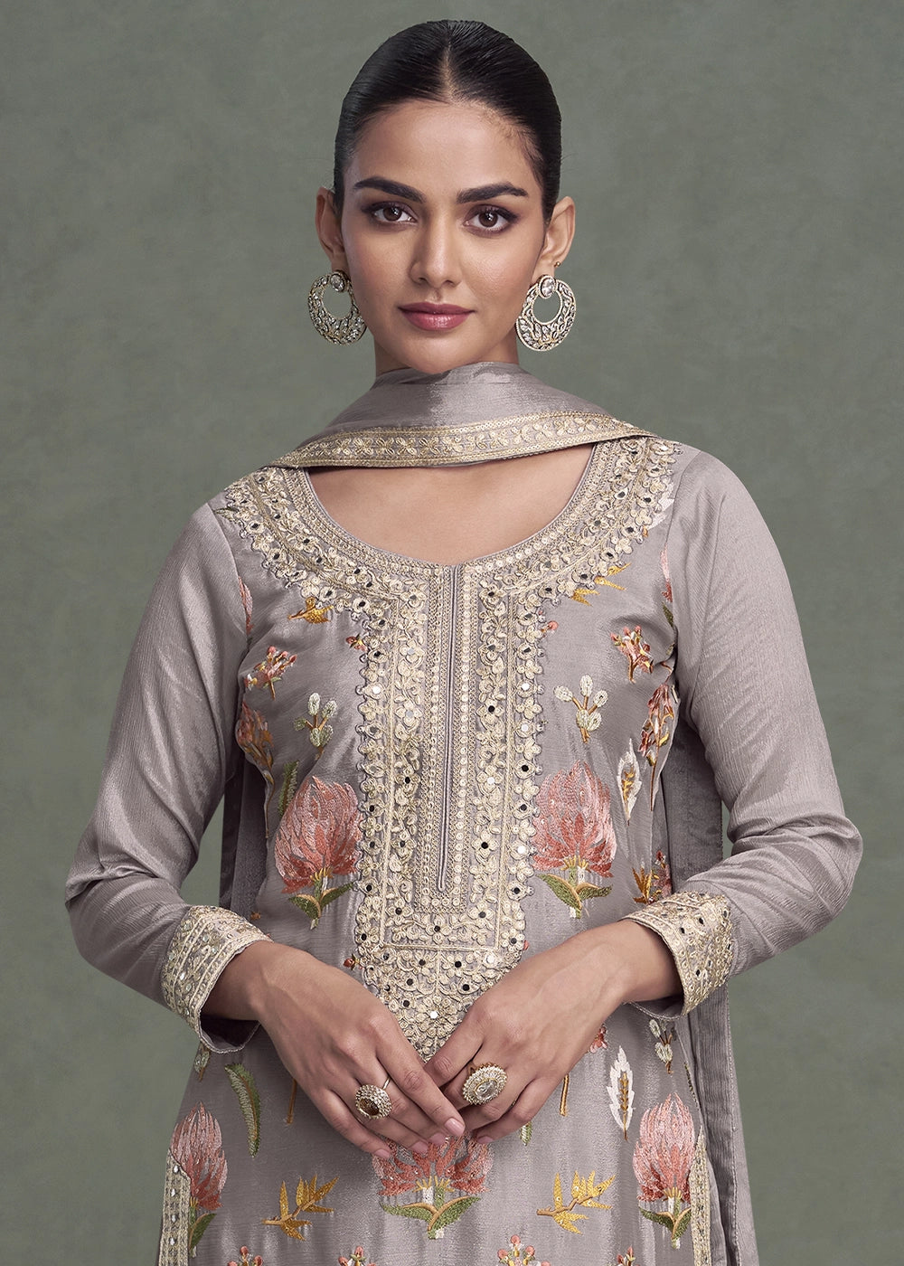 Coin Grey Chinon Silk Palazzo Suit with Delicate Floral Work
