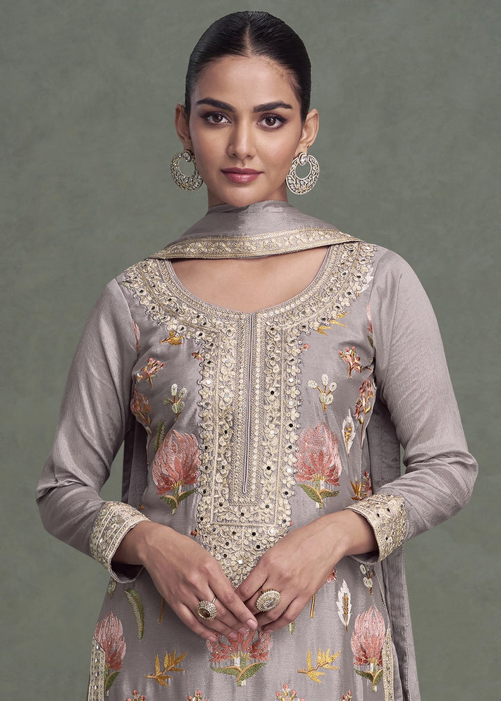 Coin Grey Chinon Silk Palazzo Suit with Delicate Floral Work