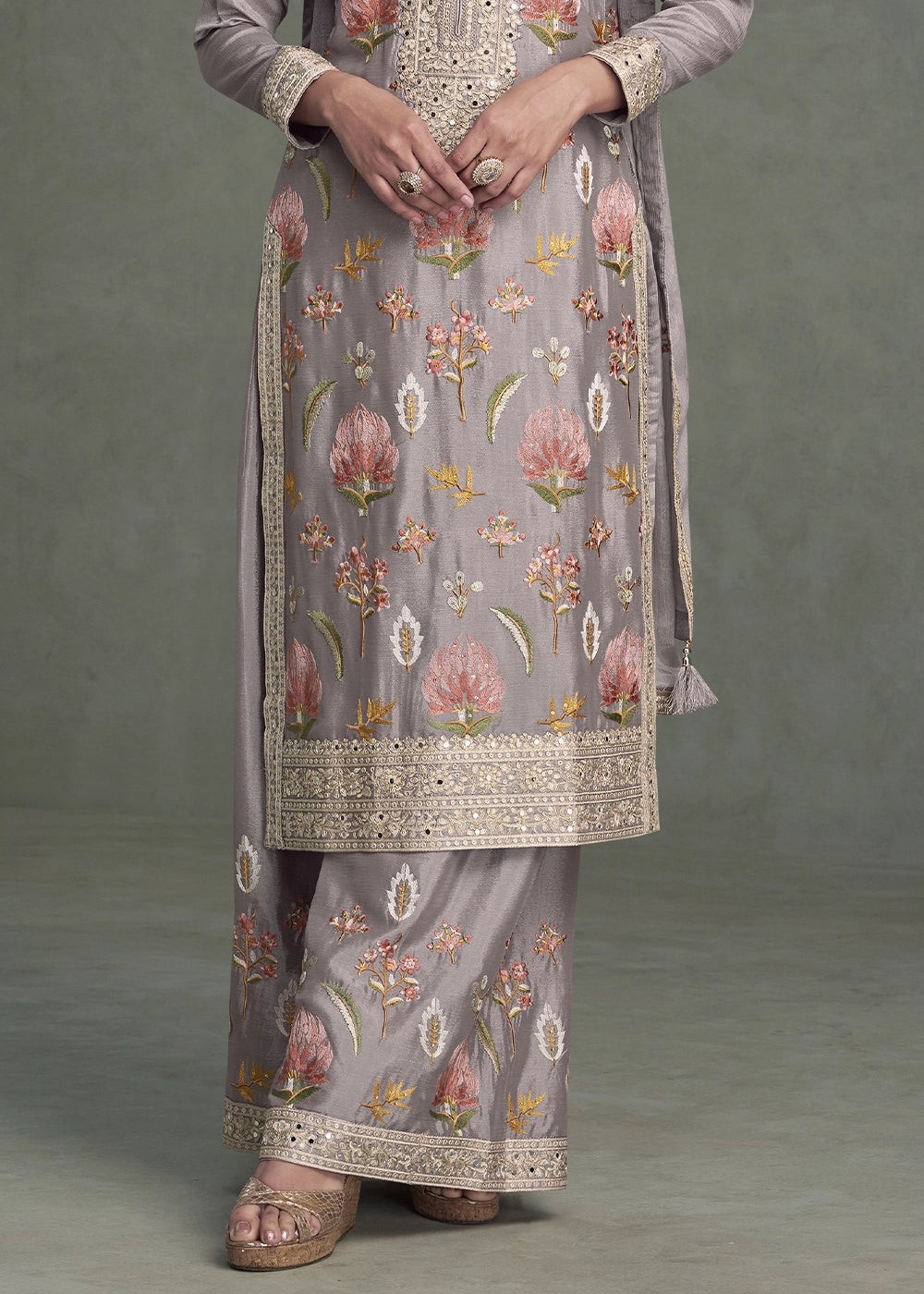 Coin Grey Chinon Silk Palazzo Suit with Delicate Floral Work