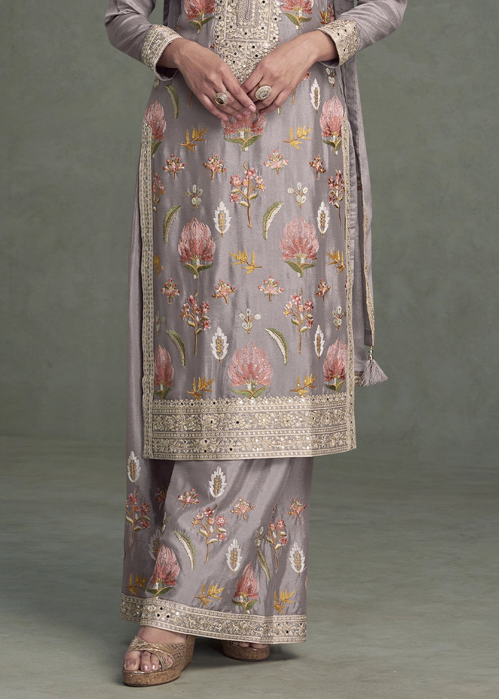 Coin Grey Chinon Silk Palazzo Suit with Delicate Floral Work