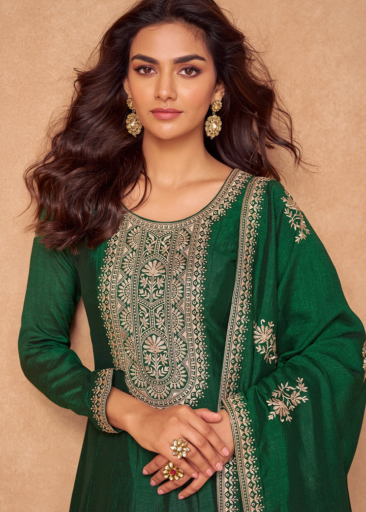 Phthalo Green Silk Anarkali Gown with Handcrafted Embroidery