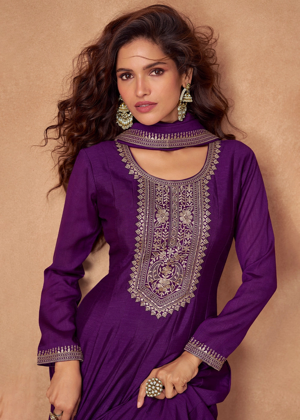 Tacao Purple Silk Anarkali Gown with Handcrafted Embroidery