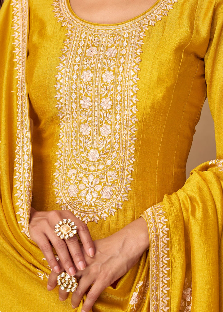 Bright Yellow Silk Anarkali Gown with Handcrafted Embroidery