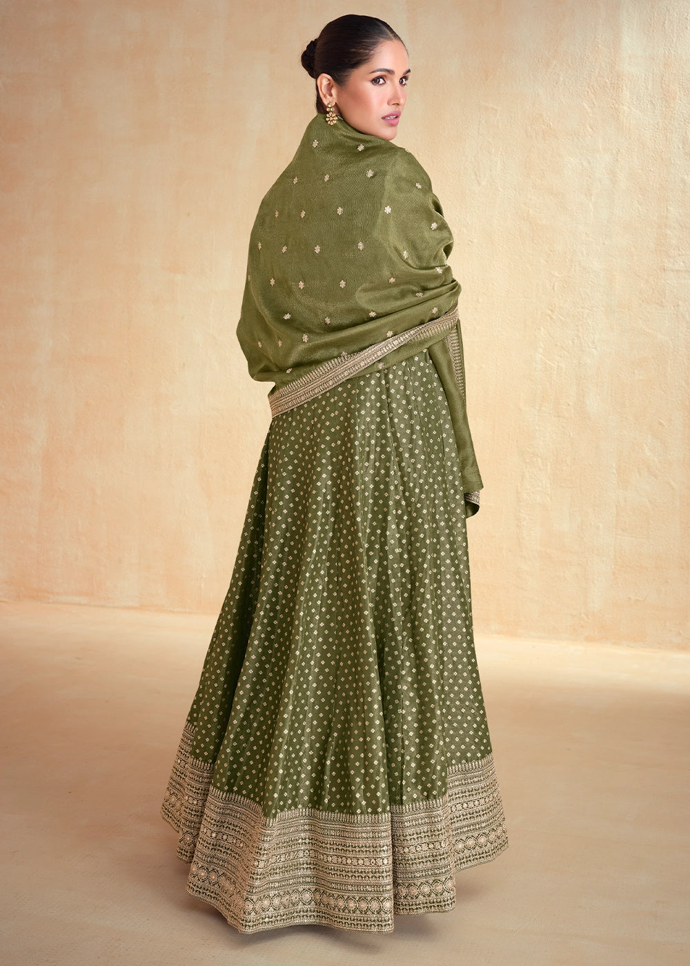 Olive Green Organza Jacquard Silk Anarkali Suit Set