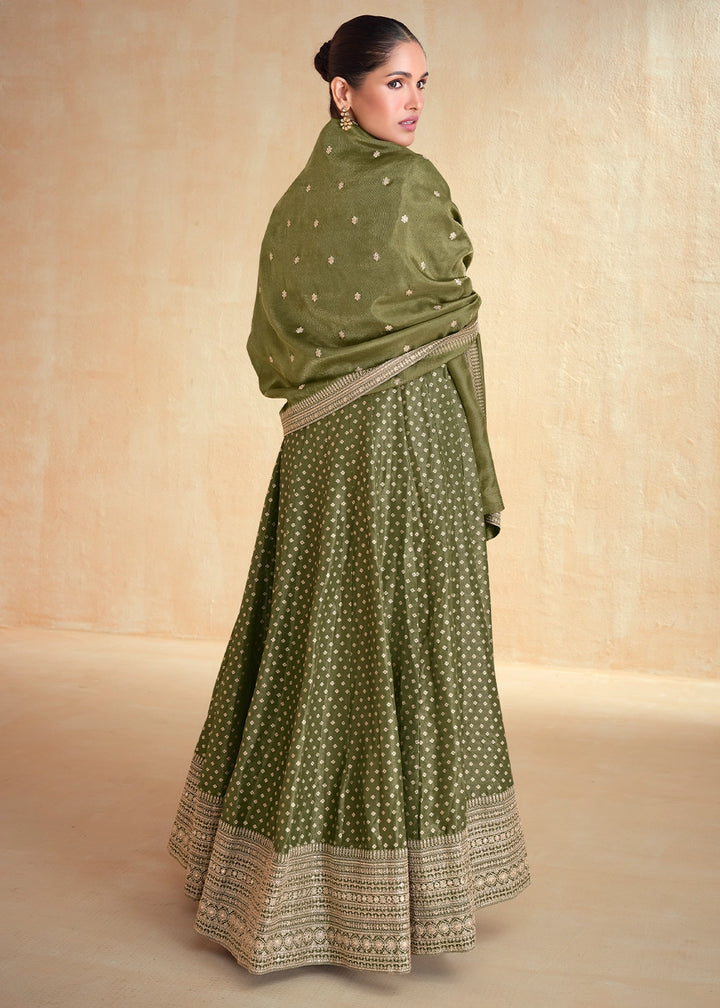 Olive Green Organza Jacquard Silk Anarkali Suit Set