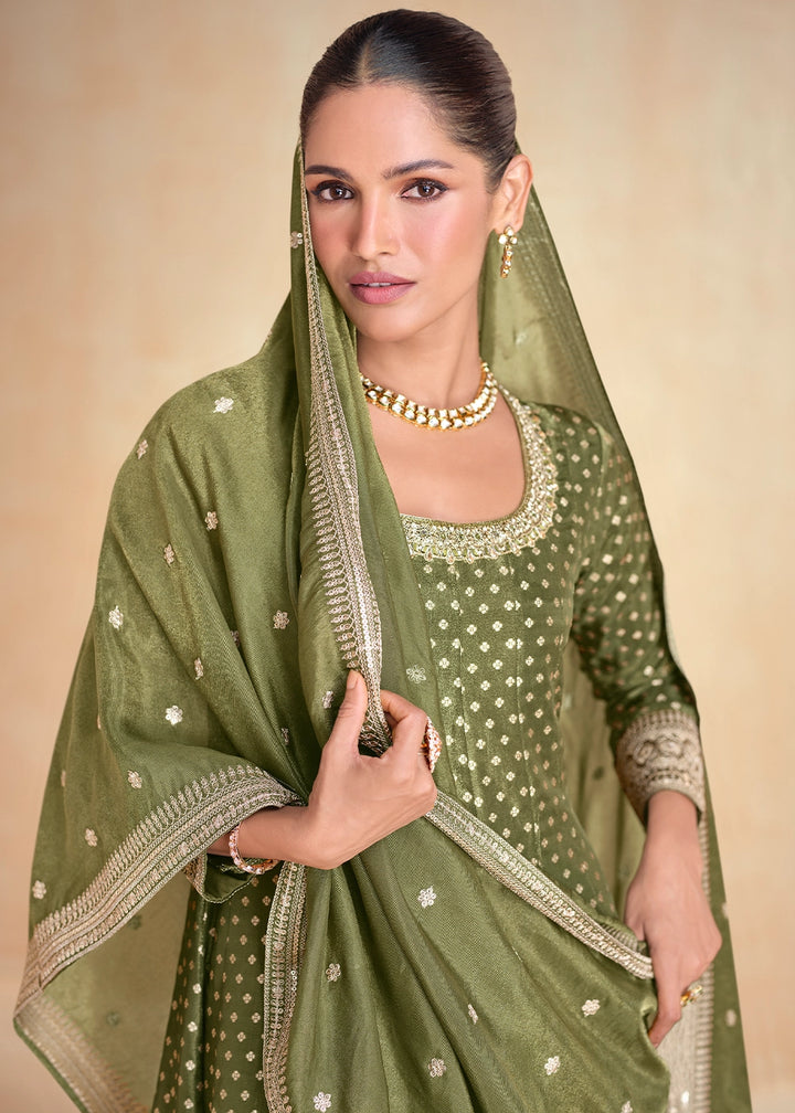 Olive Green Organza Jacquard Silk Anarkali Suit Set