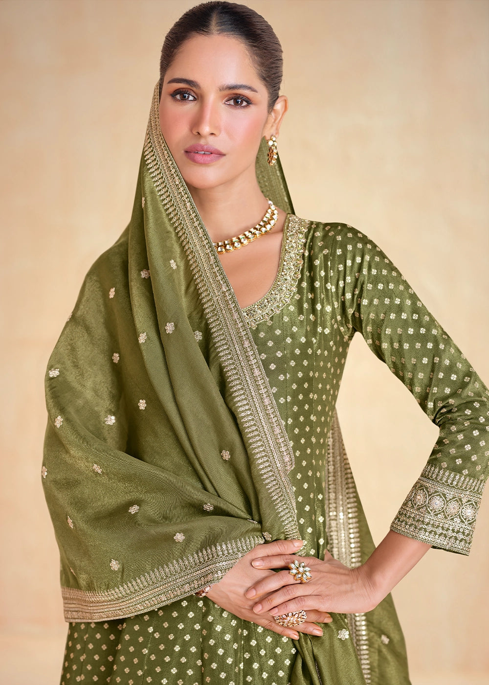 Olive Green Organza Jacquard Silk Anarkali Suit Set