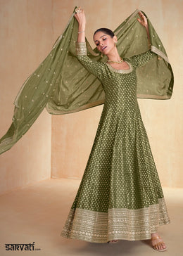 Olive Green Organza Jacquard Silk Anarkali Suit Set