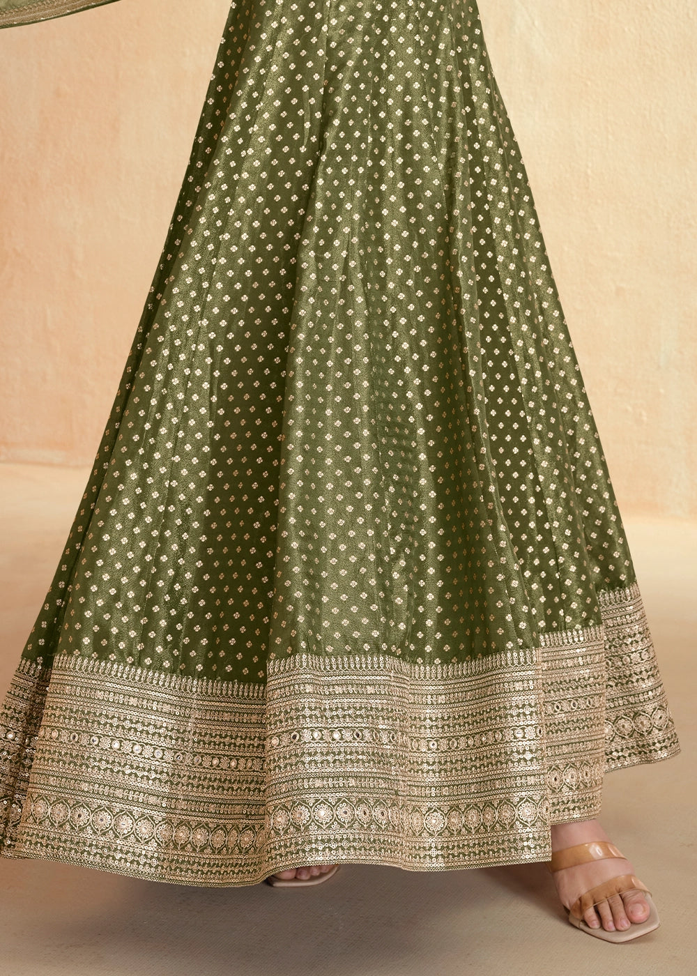 Olive Green Organza Jacquard Silk Anarkali Suit Set
