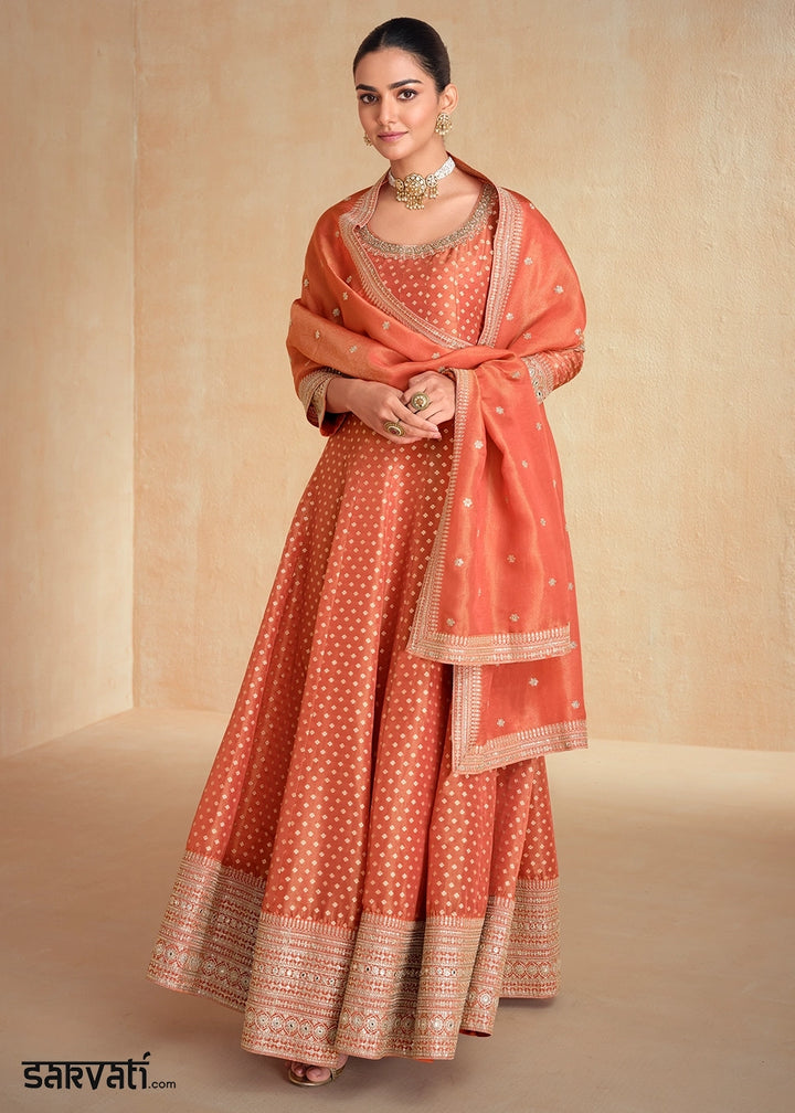 Coral Peach Organza Jacquard Silk Anarkali Suit Set