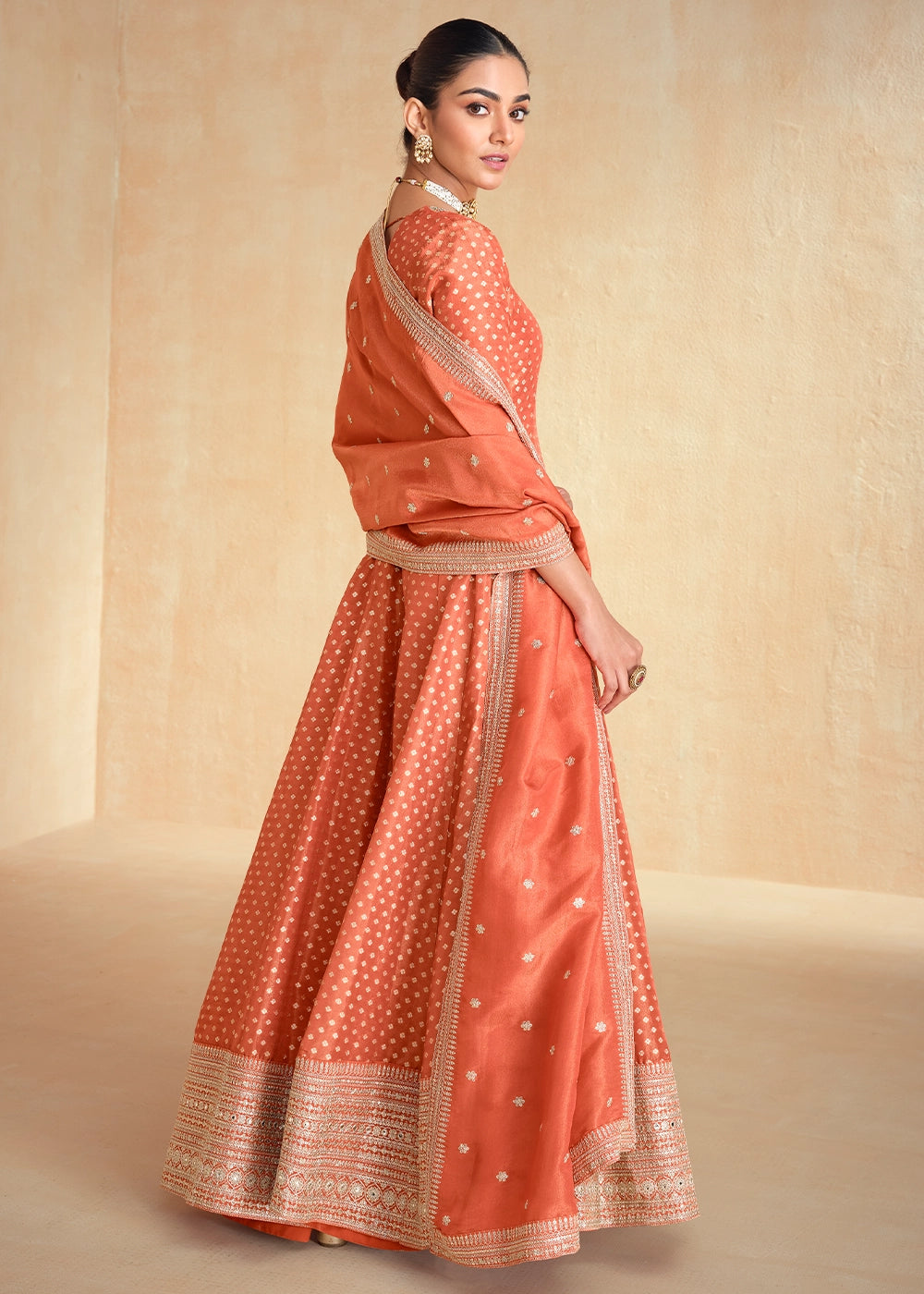 Coral Peach Organza Jacquard Silk Anarkali Suit Set