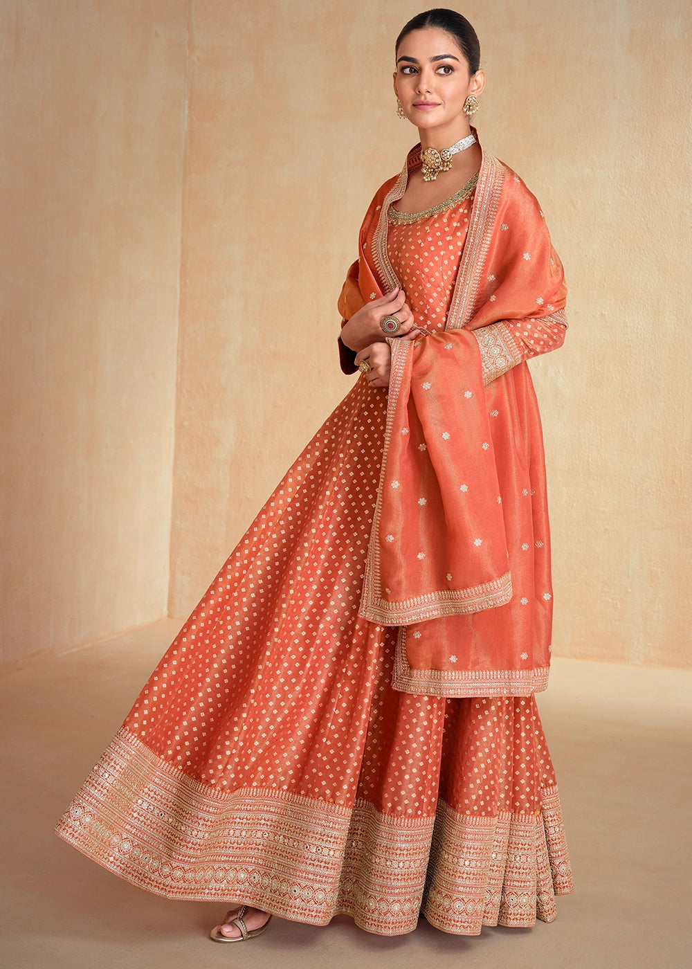 Coral Peach Organza Jacquard Silk Anarkali Suit Set