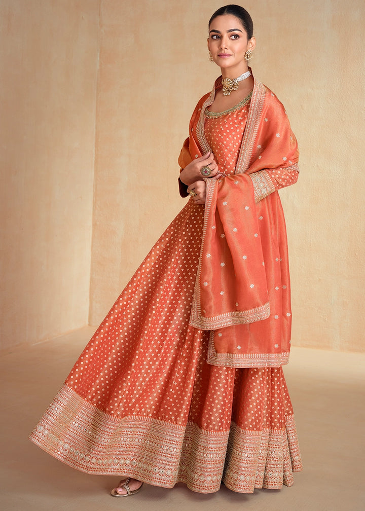 Coral Peach Organza Jacquard Silk Anarkali Suit Set