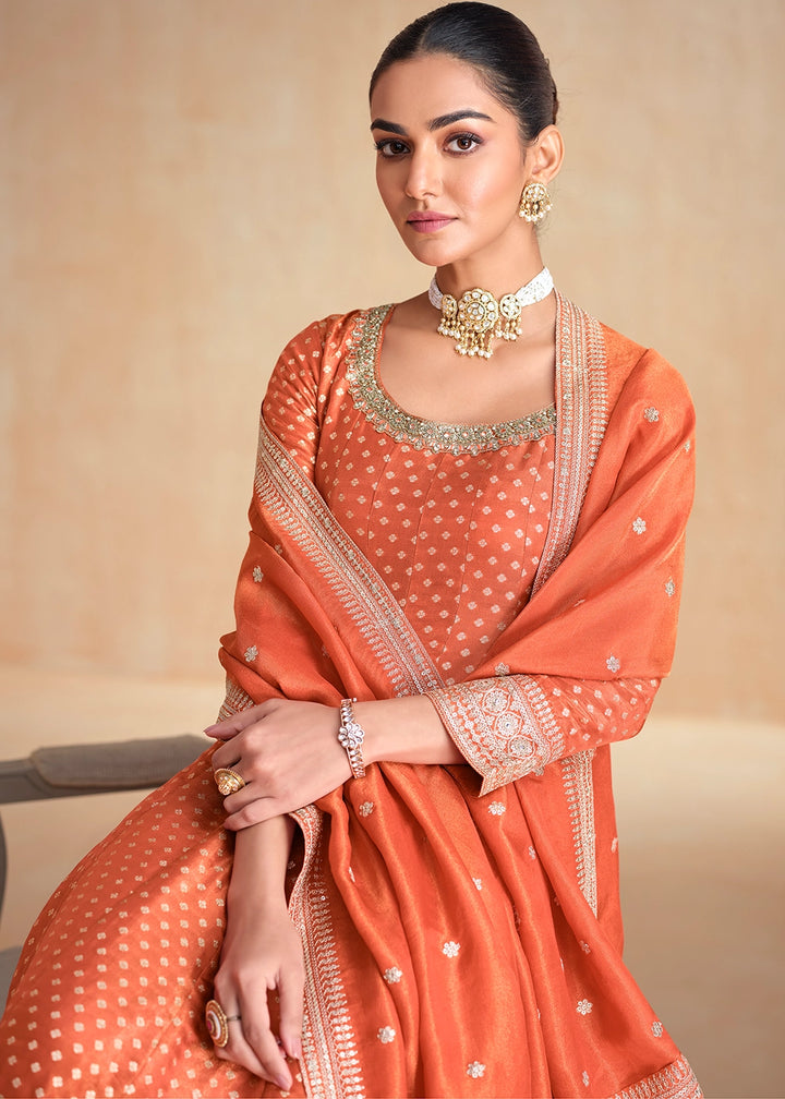 Coral Peach Organza Jacquard Silk Anarkali Suit Set