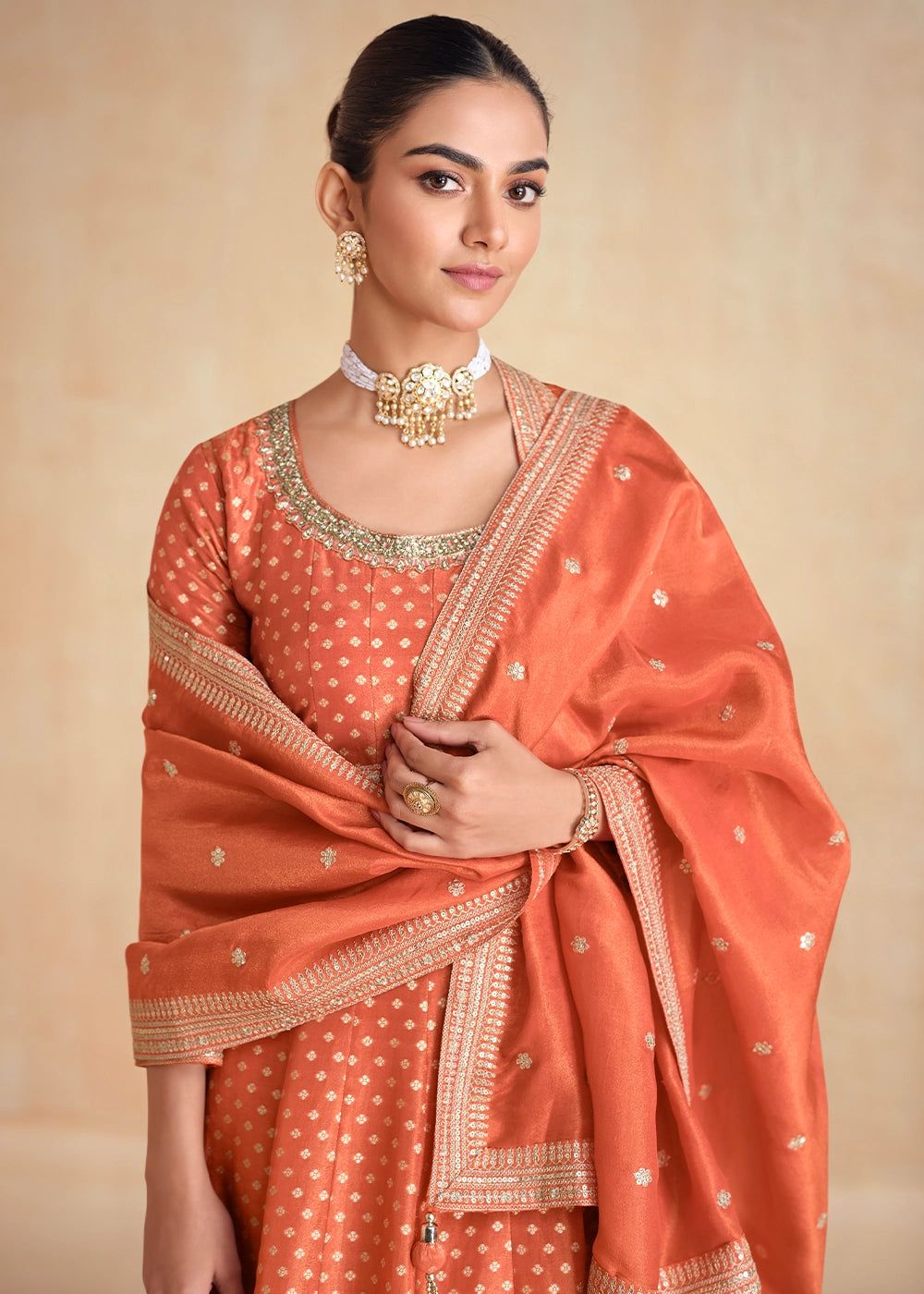 Coral Peach Organza Jacquard Silk Anarkali Suit Set