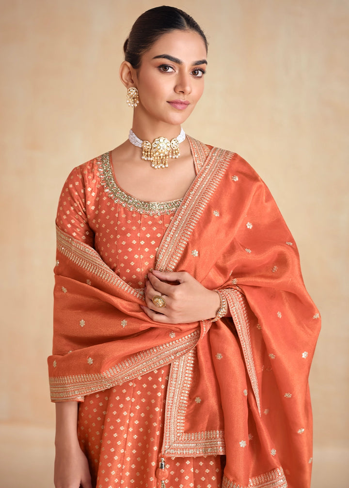 Coral Peach Organza Jacquard Silk Anarkali Suit Set