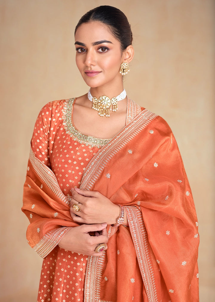 Coral Peach Organza Jacquard Silk Anarkali Suit Set