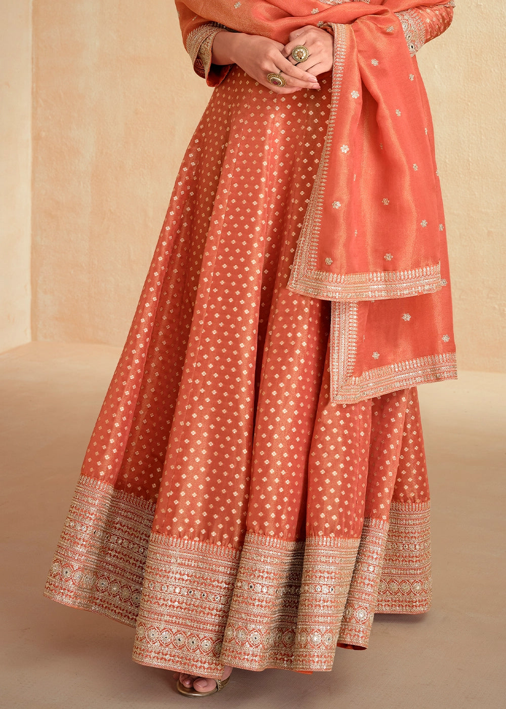 Coral Peach Organza Jacquard Silk Anarkali Suit Set