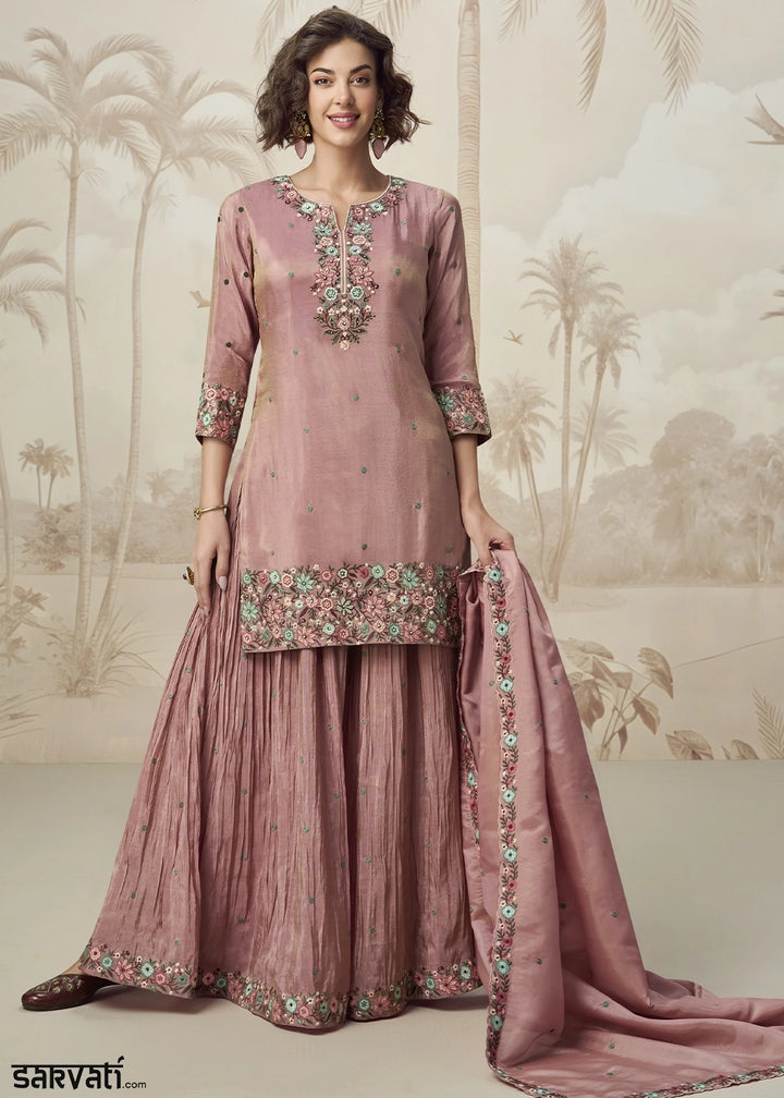 Light Orchid Purple Organza Silk Palazzo Set with Pastel Floral Embroidery