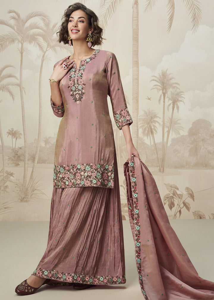 Light Orchid Purple Organza Silk Palazzo Set with Pastel Floral Embroidery