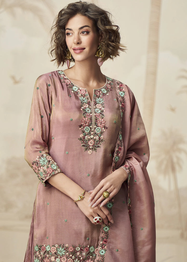 Light Orchid Purple Organza Silk Palazzo Set with Pastel Floral Embroidery