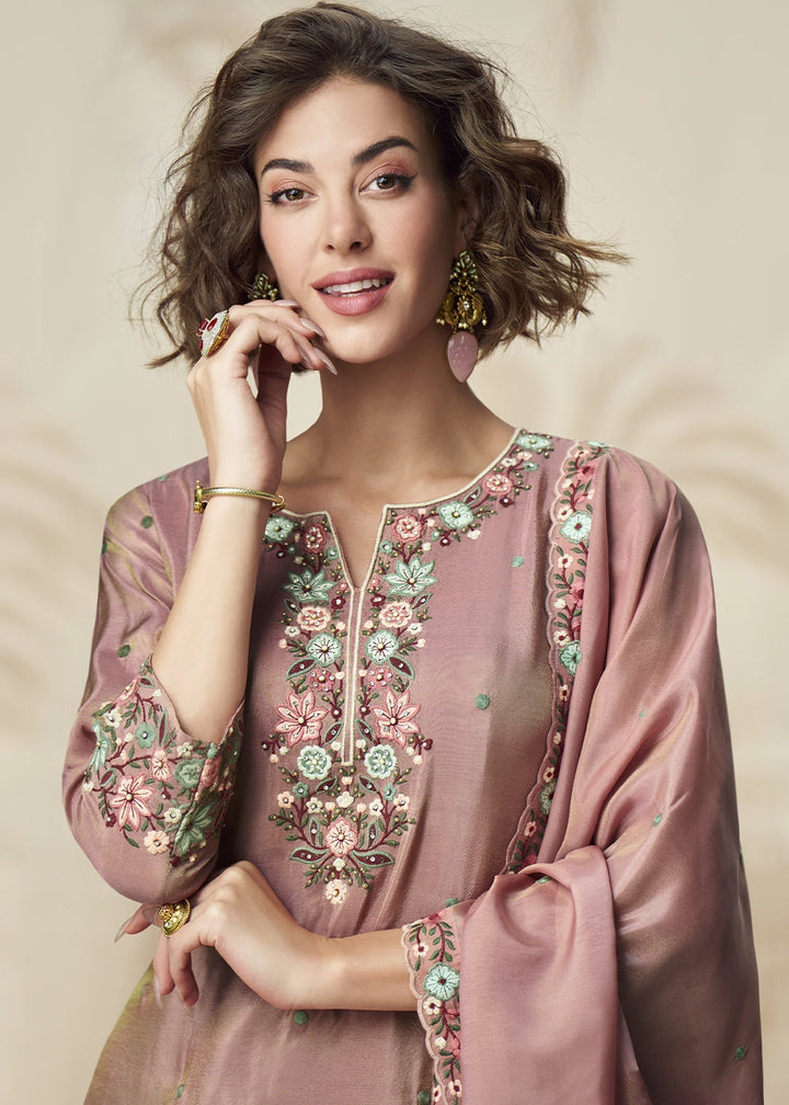 Light Orchid Purple Organza Silk Palazzo Set with Pastel Floral Embroidery