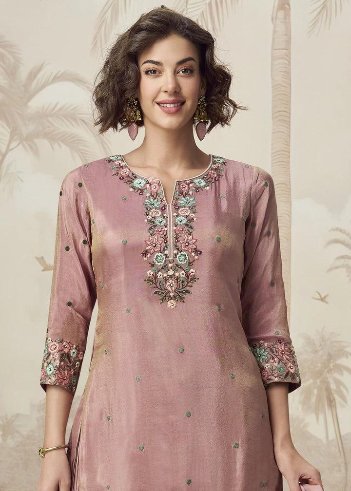 Light Orchid Purple Organza Silk Palazzo Set with Pastel Floral Embroidery