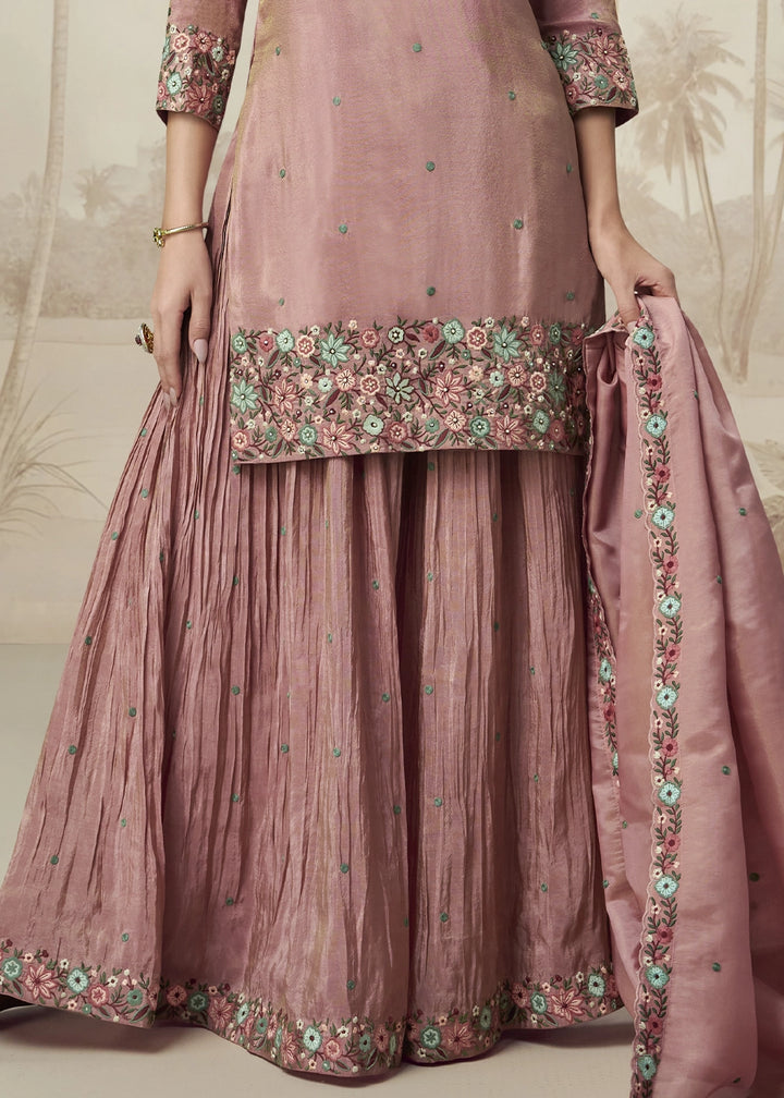 Light Orchid Purple Organza Silk Palazzo Set with Pastel Floral Embroidery