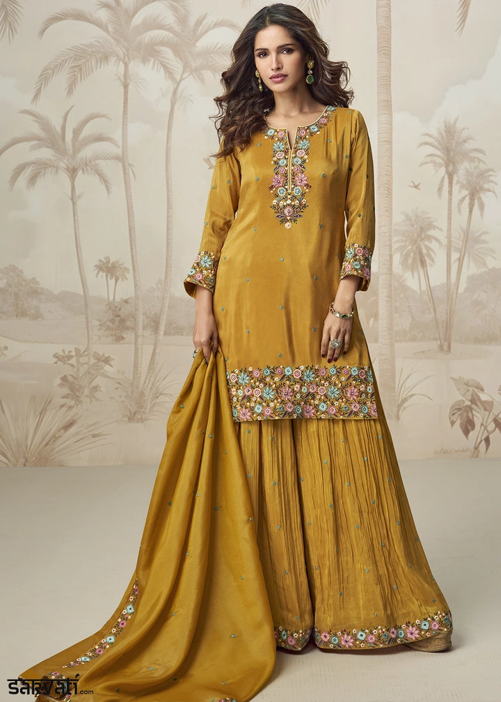 Mustard Yellow Organza Silk Palazzo Set with Pastel Floral Embroidery