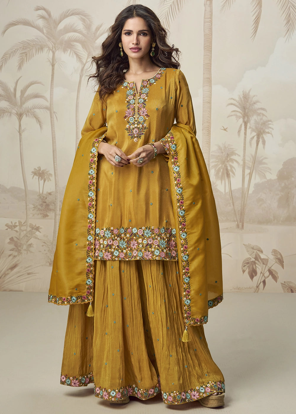 Mustard Yellow Organza Silk Palazzo Set with Pastel Floral Embroidery
