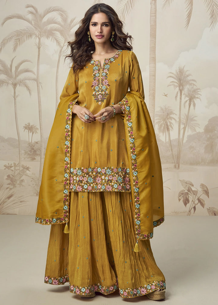 Mustard Yellow Organza Silk Palazzo Set with Pastel Floral Embroidery