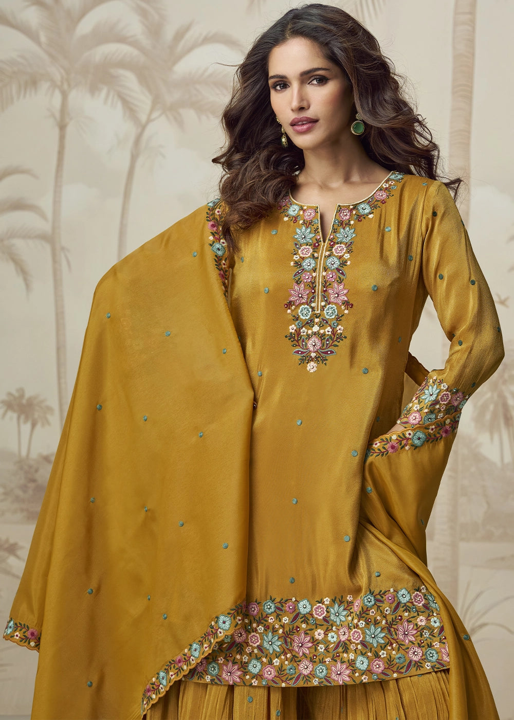 Mustard Yellow Organza Silk Palazzo Set with Pastel Floral Embroidery