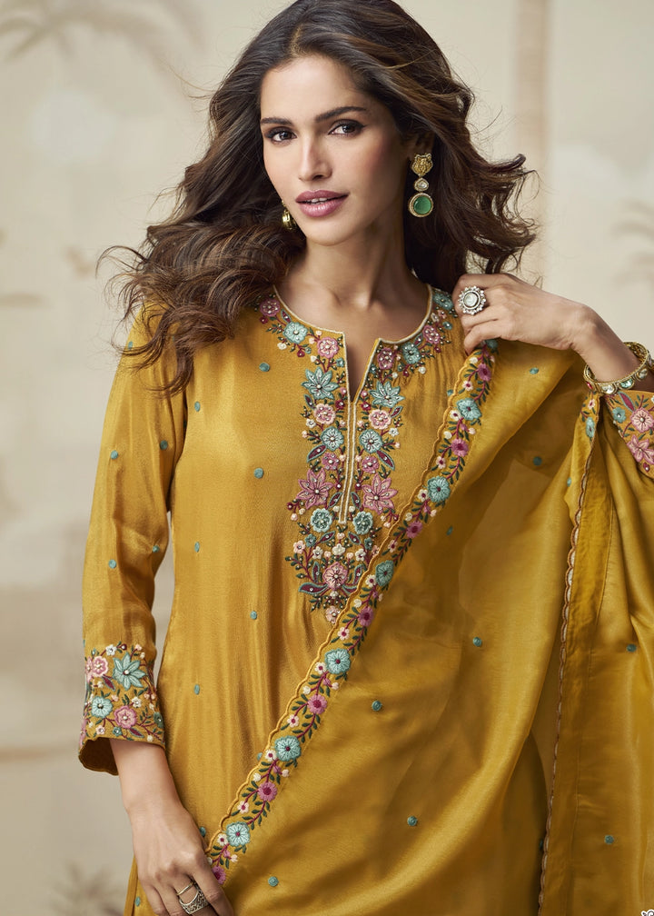 Mustard Yellow Organza Silk Palazzo Set with Pastel Floral Embroidery