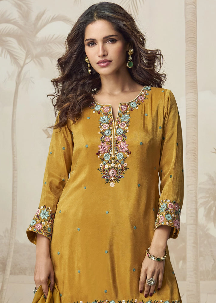 Mustard Yellow Organza Silk Palazzo Set with Pastel Floral Embroidery