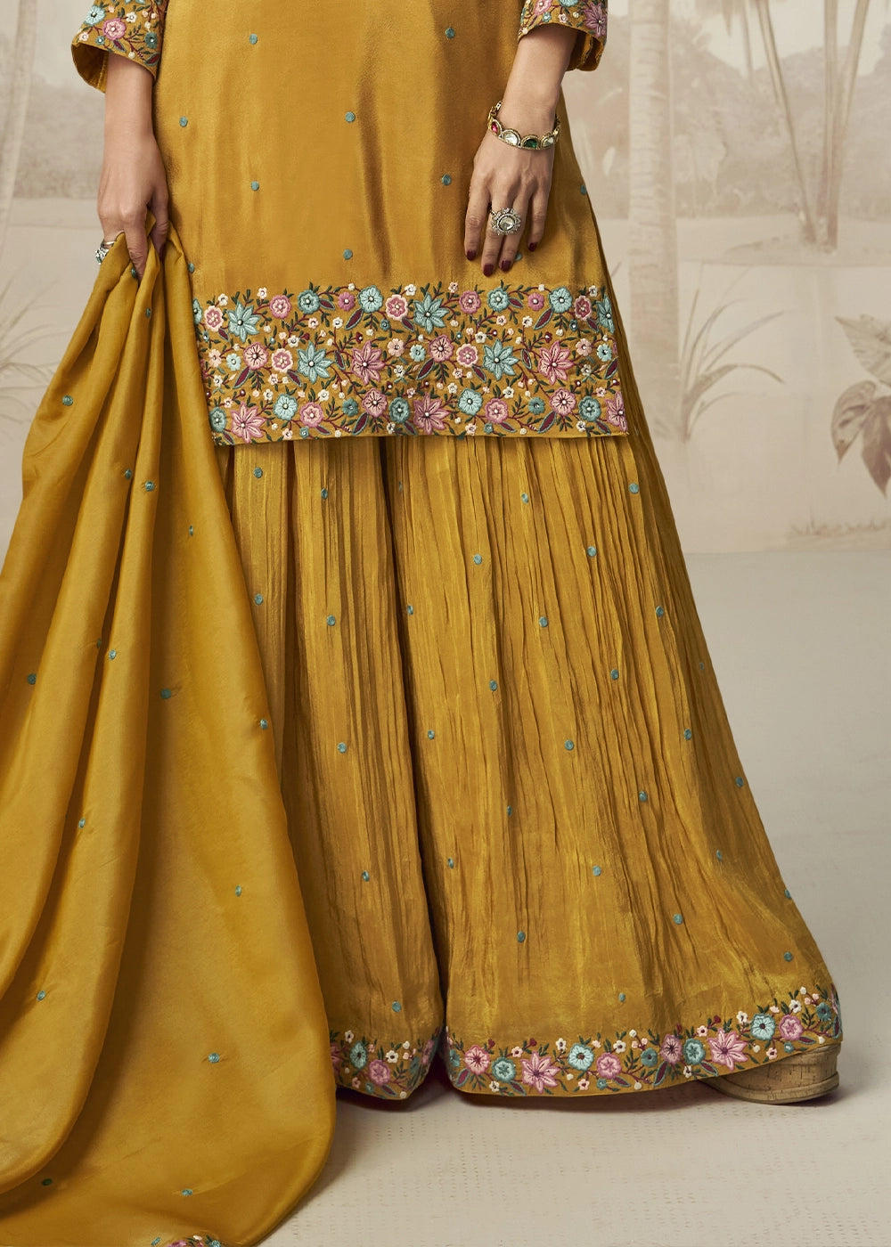Mustard Yellow Organza Silk Palazzo Set with Pastel Floral Embroidery
