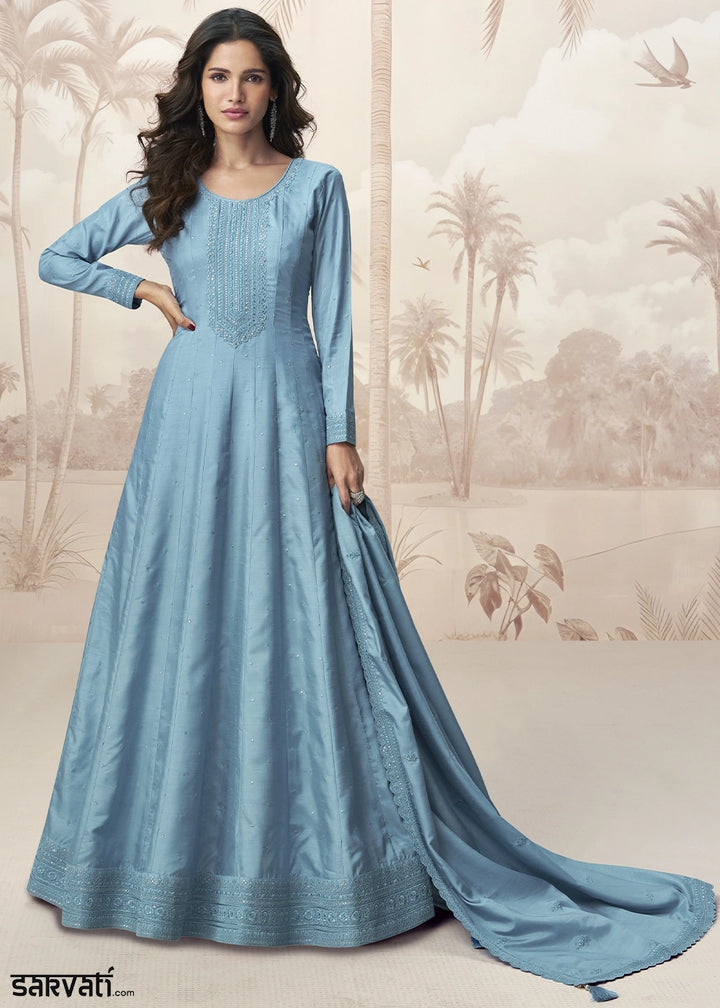 Capri Blue Embroidered Silk Anarkali Gown for Festive Occasions