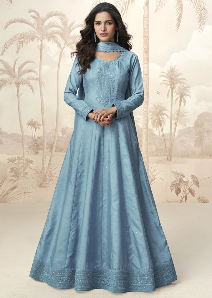 Capri Blue Embroidered Silk Anarkali Gown for Festive Occasions